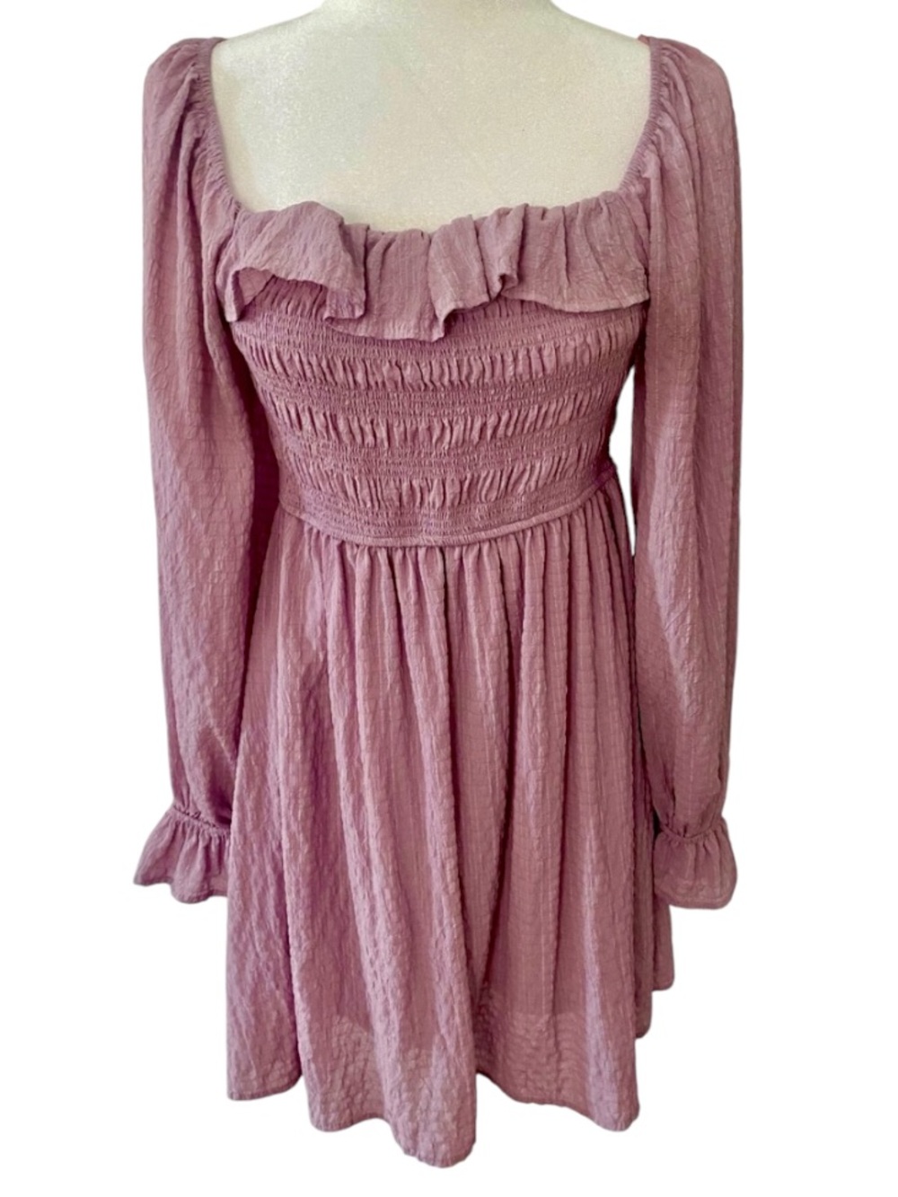 Blu Pepper Smocked Babydoll Mini Dress Mauve Pink Ruffle Long Sleeve L